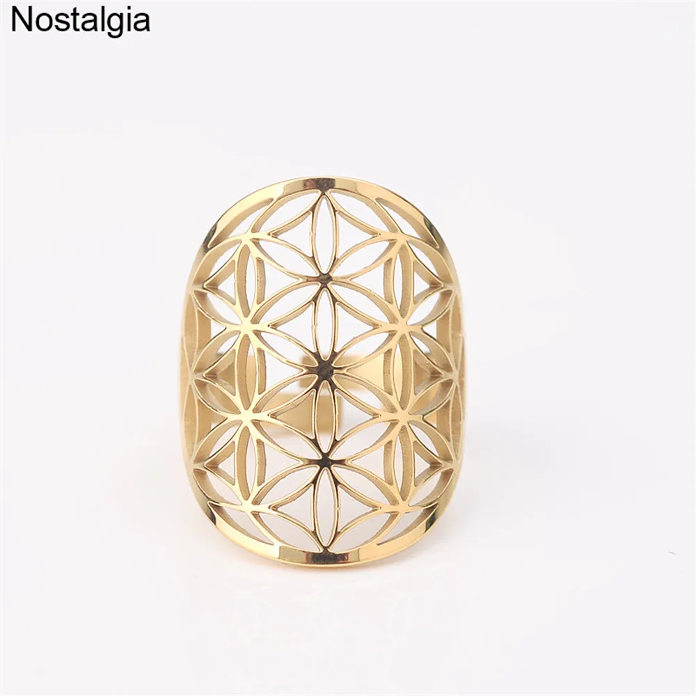 Anillo ajustable De acero inoxidable con flor De la vida, flor hueca De Vie, joyería Wicca De geometría sagrada, venta para mujeres y hombres