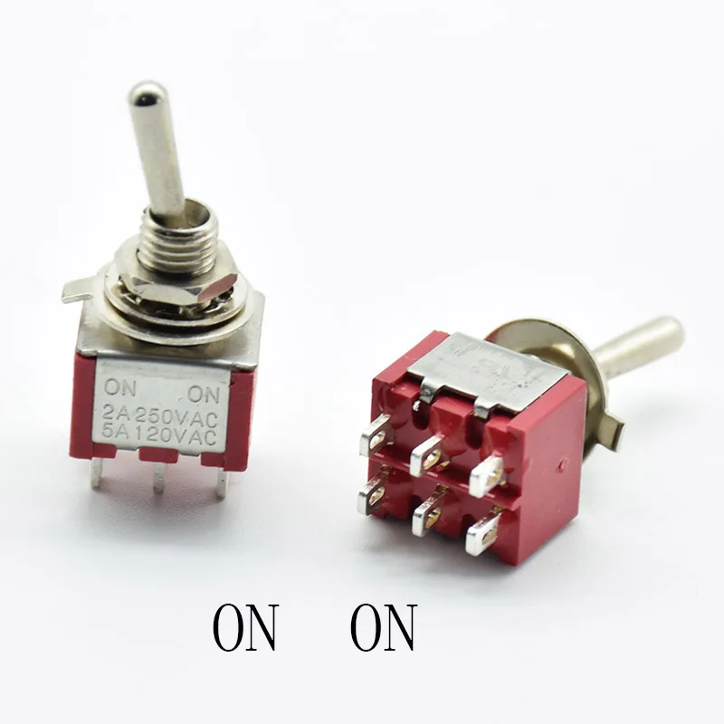 5Pcs Red Toggle Switch Mini MTS-202 ON/ON DPDT Latching 2A 250VAC / 5A 120VAC 6 Pins With Solder Terminal waterproof