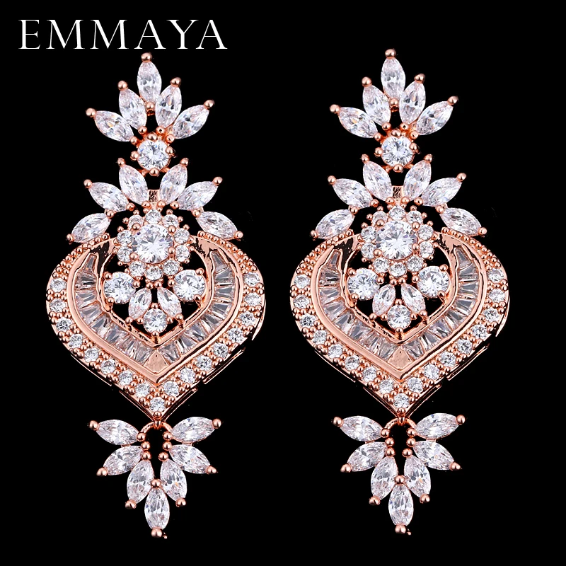 EMMAYA New Rose Gold color Luxury Big Long Flower Pendant Drop Earrings With Shining CZ Brincos Bridal Women Wedding Jewelry