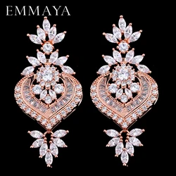 EMMAYA New Rose Gold color Luxury Big Long Flower Pendant Drop Earrings With Shining CZ Brincos Bridal Women Wedding Jewelry