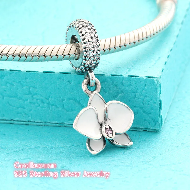 Summer White Enamel Orchid Pendant Charms Fit Pandora Bracelets Original 925 Sterling Silver Flowers Beads For Jewelry Making