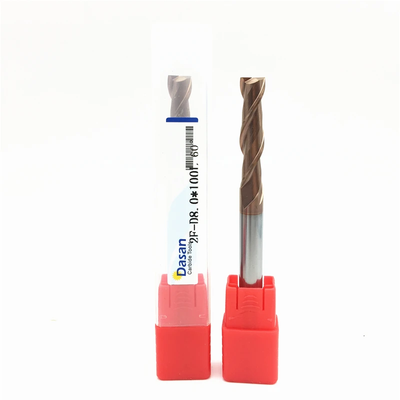 Fresa de topo plano, hrc60, 2f-d8 * 100l, 8mm, de carboneto sólido, duas flautas, revestido, quadrado, linear, fresa para trabalhar em metal