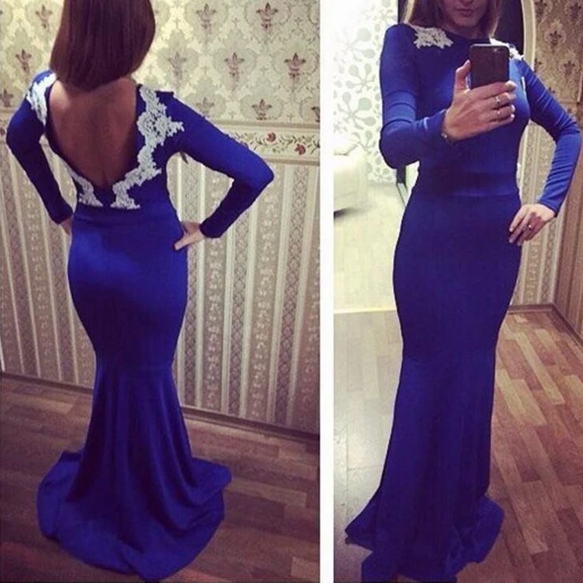 2021 neue Mode Langarm Meerjungfrau Lange Prom Kleider Satin Backless Formale Prom Kleider Robe De Bal Party Abendkleider