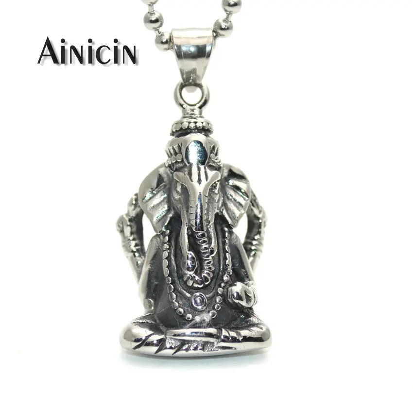 India Gold Ganesha Shape Stainless Steel Pendant Necklace Ancient Silver Color Buddhism Fashion Men and Women Jewelry