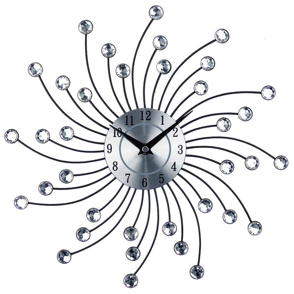 New Arrival Luxury Wall Clock Metal Art Decorative Diamond Big Wall Watch Clock Sliver Bead Wandklok Modern Design Home Decor