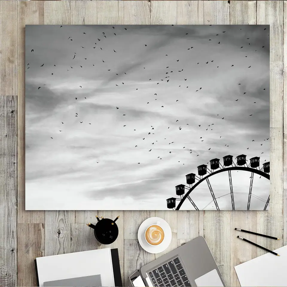 Home Decoration Print Canvas Picture Wall Art Paintings Oil Unframed Drawings Black and white Ferris wheel skyscrapers