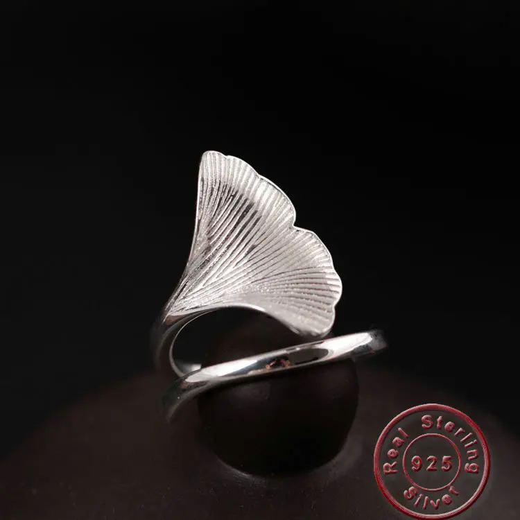 Amxiu Handmade 100% Silver Open Ring Ginkgo Biloba Rings