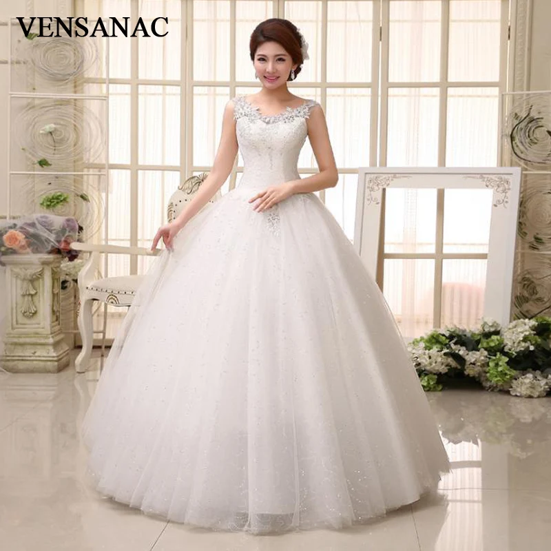 

VENSANAC 2018 Lace Appliques O Neck Sequined Ball Gown Wedding Dresses Elegant Crystal Sleeveless Tulle Bridal Gowns