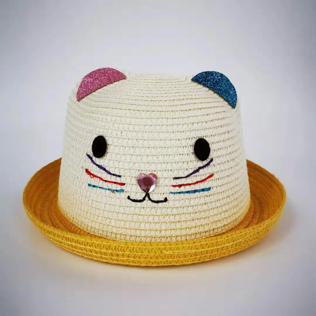 baby kitty Child Girls Straw hat Bowknot Sun Hat Kids cute Brim Beach Summer Boater Beach Round Flat Top fedora hat