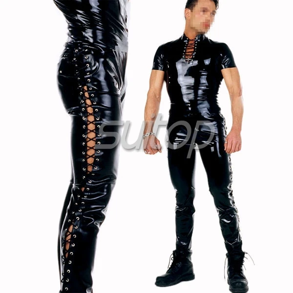 Men's  shining latex rubber uniforms including Tee and pants in laces