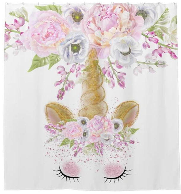 New Girly Pink Unicorn Face Shower Curtains Floral Whimsical Unicorn Bathroom Curtain Trendy Chic Peony Eyelash Romance Bathroom