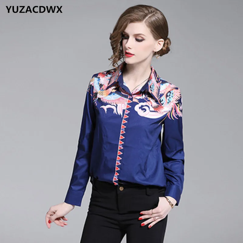 YUZACDWX 2023 New Spring Long Sleeve Shirt Fashion Womens Tops And Blouses Ladies Office Shirts Runway Designer navy Blouse