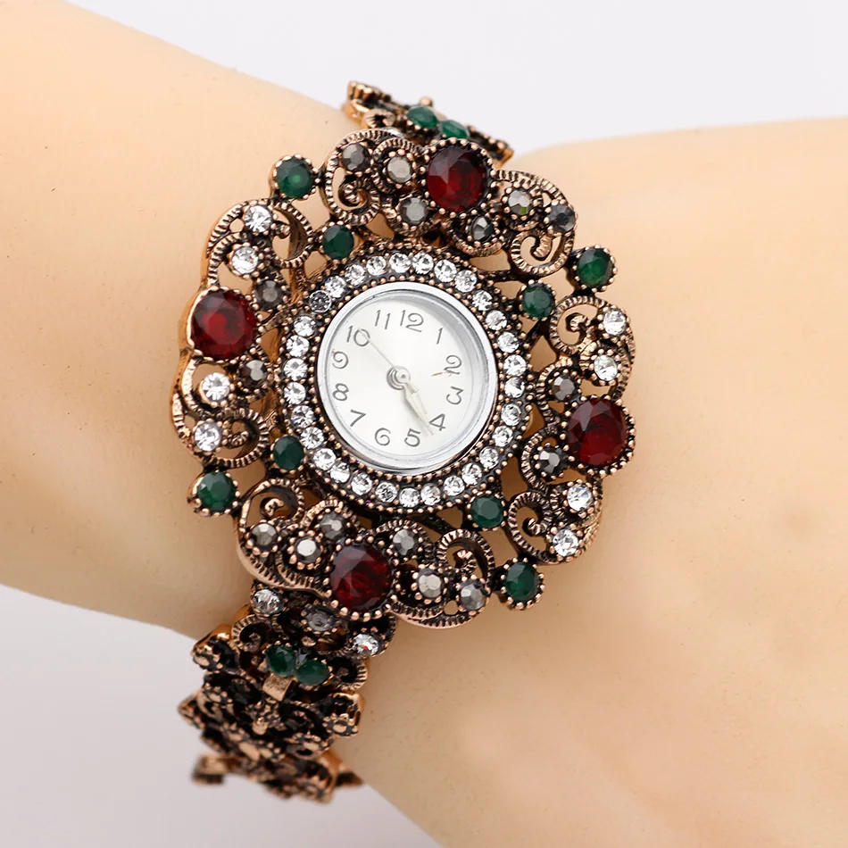 Promotion Flower Round Bracelets Watch Women Clock Quartz Watches Vintage Turkish Wristwatch Indian Bridal Antique Jewelry Gift