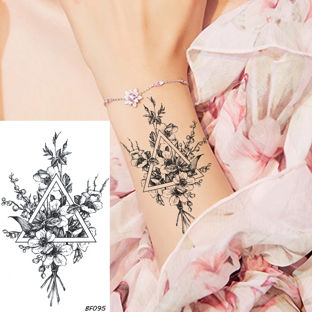 VANKIRS 3D Wrist Black Triangle Flower Waterproof Fake Temporary Tattoos Stickers Women Girls Makeup Tattoo Body Arm Art Tatoos