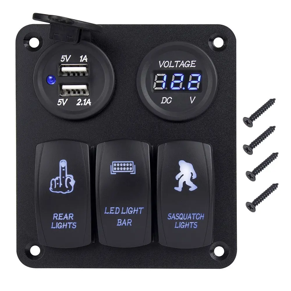 DC 12V-24V 3 Gang Toggle Rocker Switch Panel Waterproof Digital Voltmeter + Dual USB Power Charger Blue Led Light Control Panel