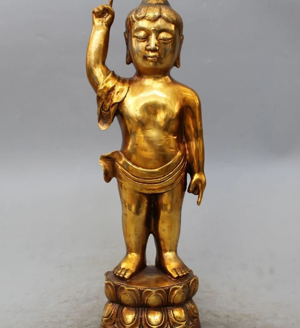 

16cm Chinese Folk Bronze Gild Child Up Hand Shakyamuni Sakyamuni Buddha Statue