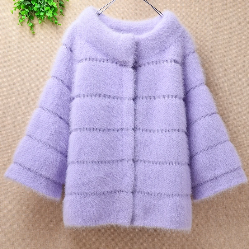 

women elegant winter fashion loose solid plush mink cashmere cardigan long flare sleeves angora rabbit fur knitted sweater coat