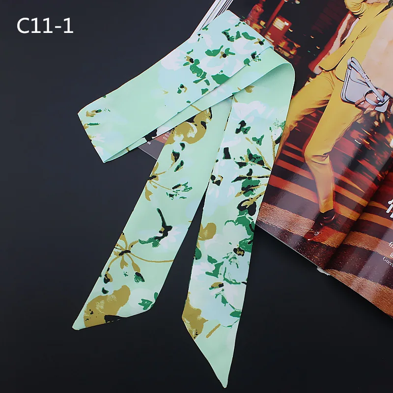 Korean style Geranium Print Women Fashion Skinny Small Bag Twill Silk Scarf Ribbon Head Hair Handle Tie Scarf Multifunction