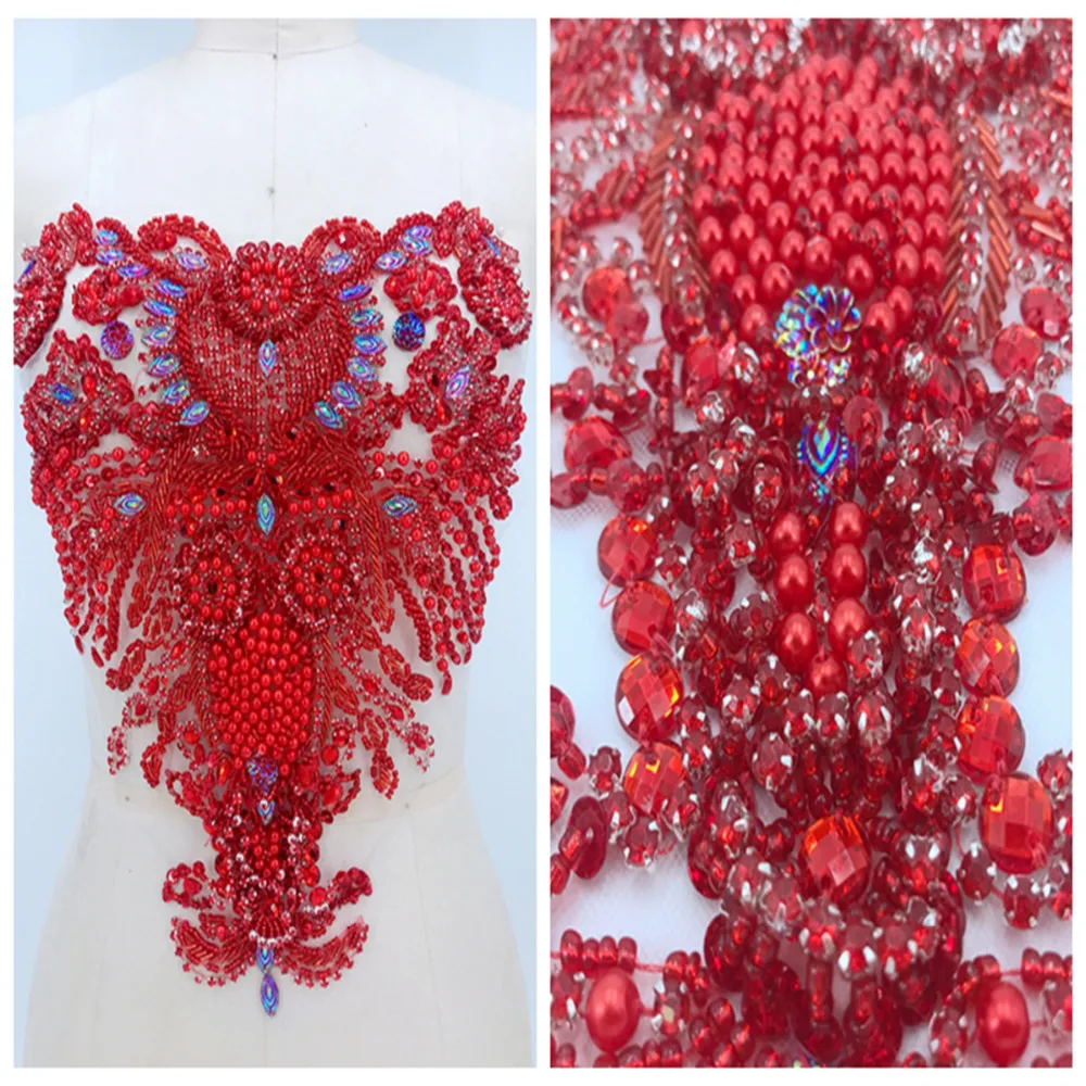 Pure hand made red sew on Rhinestones applique on mesh  crystals patches trimming 37*37cm  dress accessory