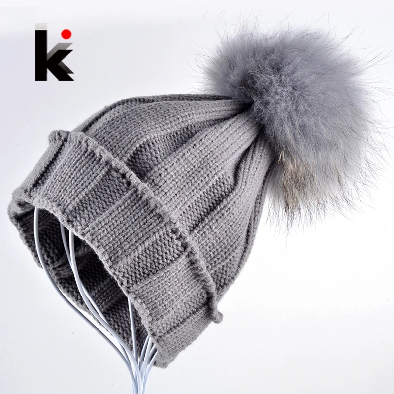 New fashion womens winter warm beanie hat cap female fur pompom ball knitted beanies wool caps raccoon fur hats for women