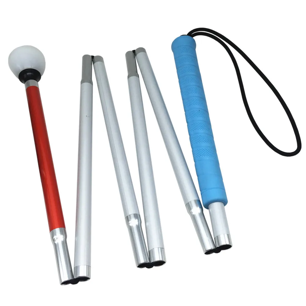 120 cm -155cm,6-Section Aluminum Blind Cane with Blue Handle,Reflective Red, Folding Walking Stick for Blind People