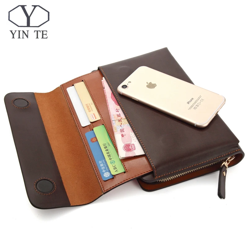 YINTE Men Clutch Wallets Long Zipper Male Wallet  Leather Wallet Men Purses Wallet Male Clutch Handy Bag Portfolio C10341 Brown