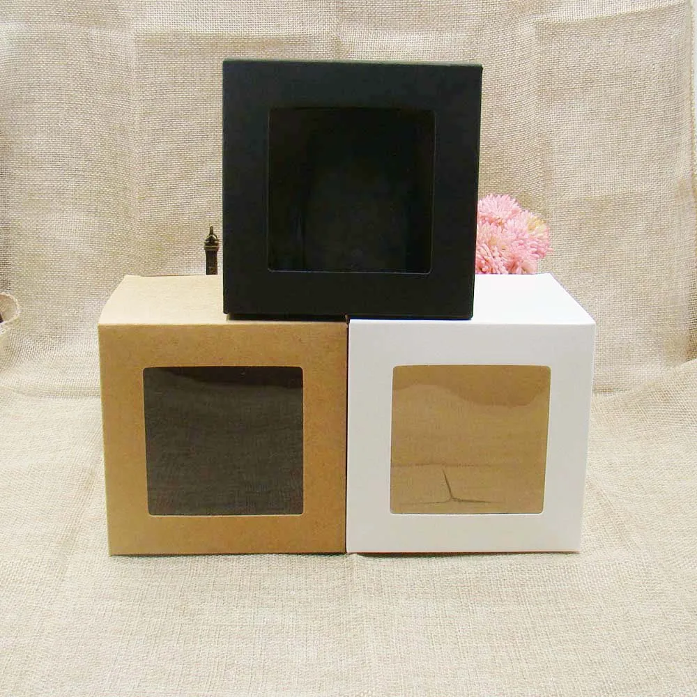 10*10*10m 3color white/black/kraft stock paper box with clear pvc window .favors display /gifts&crafts paper window packing box