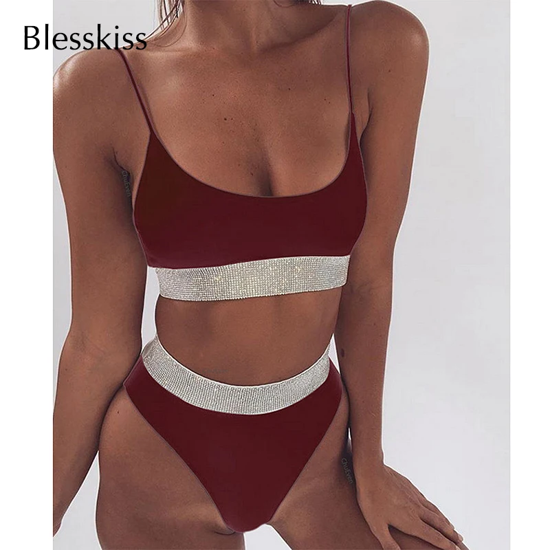 Blesskiss Hot Diamond 2023 High Waist Swimsuit Bikini Women Sexy Sequins Glitter Cut Push Up Swimwear Brazilian Bathing Suit