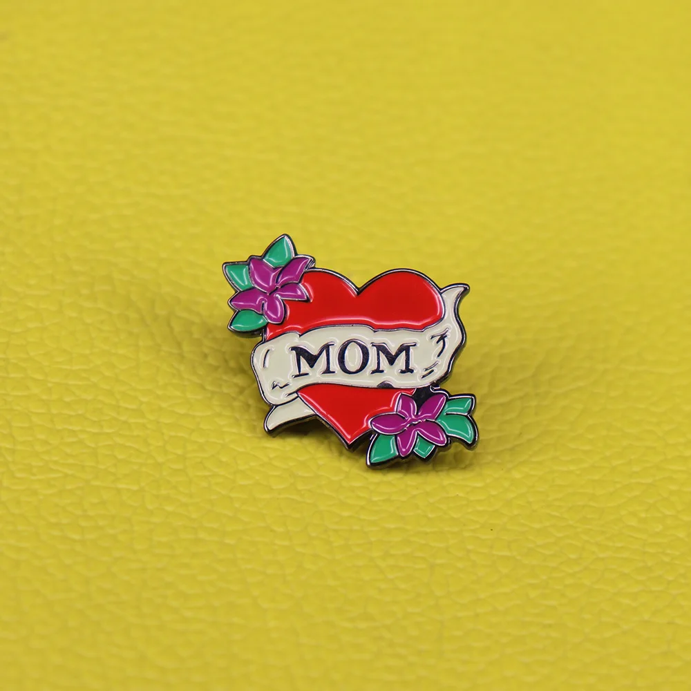 Mom heart pin tattoo leaf flower brooch red heart enamel pin mother's day gift