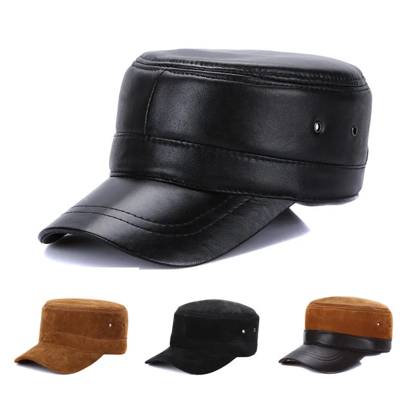 

New Male Baseball Cap Genuine Leather Cap Elder Autumn and Winter Sheep Skin Leather Flat Cap Adjustable New Year Gift B-7145