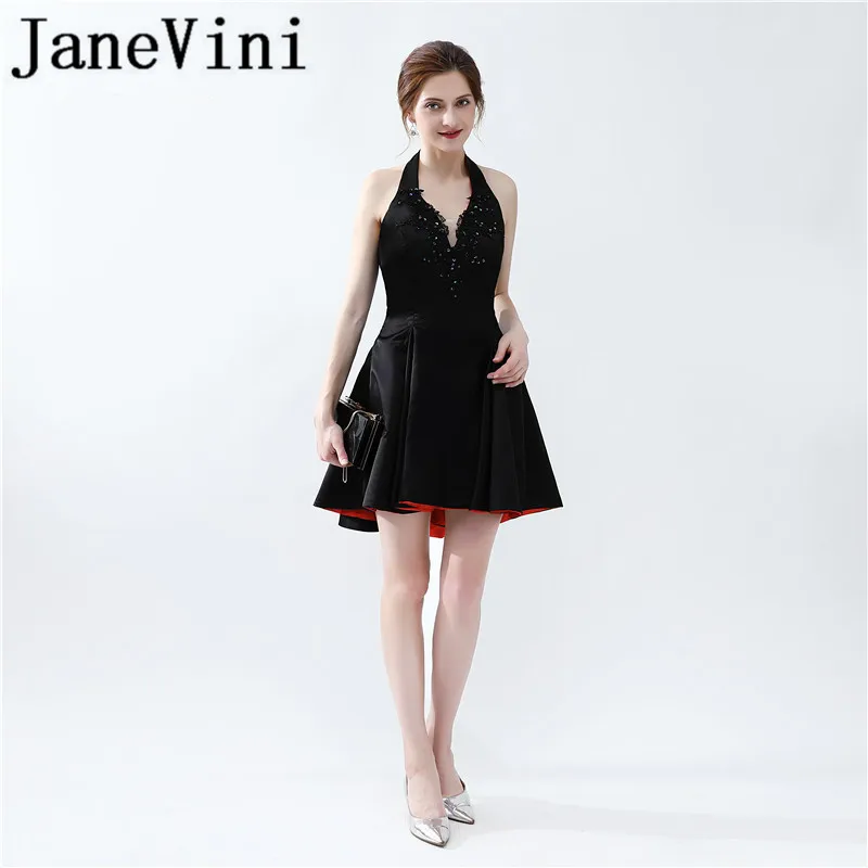 

JaneVini Elegant Black A Line Short Bridesmaid Dresses Halter Lace Appliques Sequined Backless Satin Mini Prom Gowns Plus Size