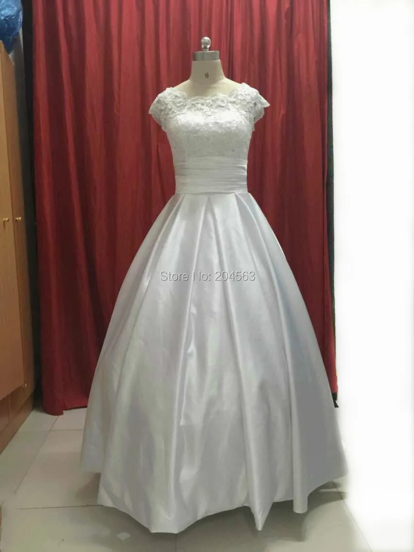 Heißer Verkauf Echt Bild In Lager EINE Linie Satin Prinzessin Hochzeit Kleid mit Cap Sleeves