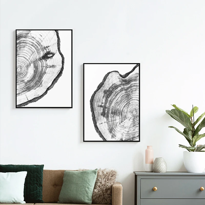 Tree Rings Poster Prints Black and White Tree Wall Art Log Slice Canvas Painting Oak Pine Tree Wood Pictures Home Modern Decor