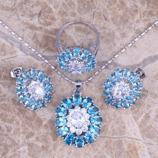 Lovely Sky Blue Cubic Zirconia White CZ Silver Plated Jewelry Sets Earrings Pendant Ring Size 6 / 7 / 8 / 9 / 10 S0426