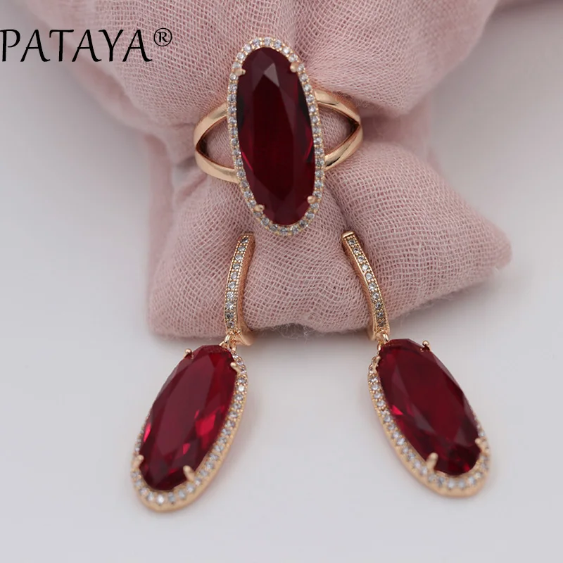 PATAYA New Women Wedding Vintage Jewelry 585 Rose Gold Color Trend Jewelry Sets Natural Zircon Oval Long Earrings Ring Set