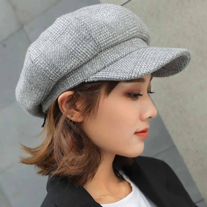 HT1991 Women Men Wool Felt Berets High Quality Autumn Winter Hat Thick Warm Unisex Octagonal  Cap Retro Plaid Beret Cap