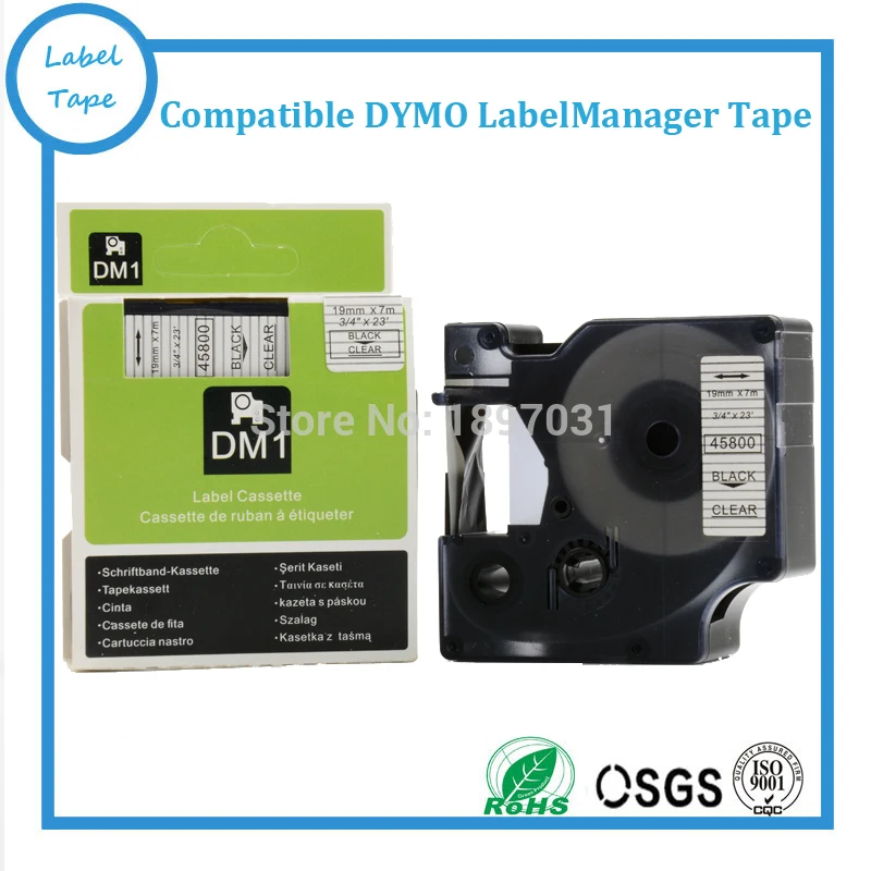 High quality Free ship Compatible DYMO label printer tape D1  45800  black on clear 19mmx7m  3/4'' x23'