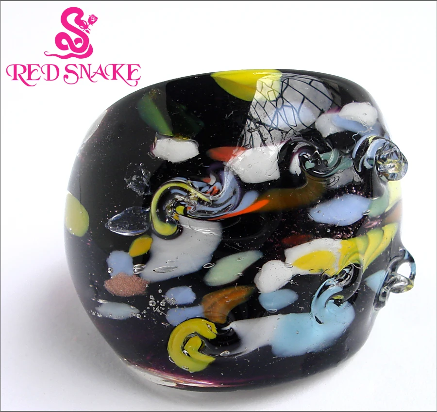 RED SNAKE Fashion Ring Handmade Raised Rivet Shape Black Murano Glass Ring No.D#