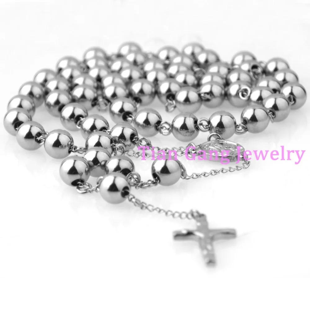 Fashion Religious 4/6/8/10mm Rosary Beads Cross Pendant Necklace 316L Stainless Steel Jewelry Men Womens Jewellery Gift