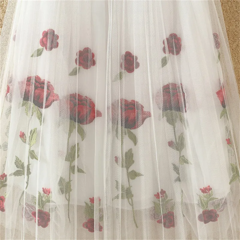 Sanishroly 2023 New Summer Women Rose Floral Embroidery Mesh Skirt Ladies Elastic High Waist Mid-Long A-Line Pleated Skirts S093