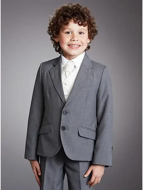 

Tailored boy flower girl dress peak lapel 2 children daily dress button gray three-piece (coat + pants + jacket)