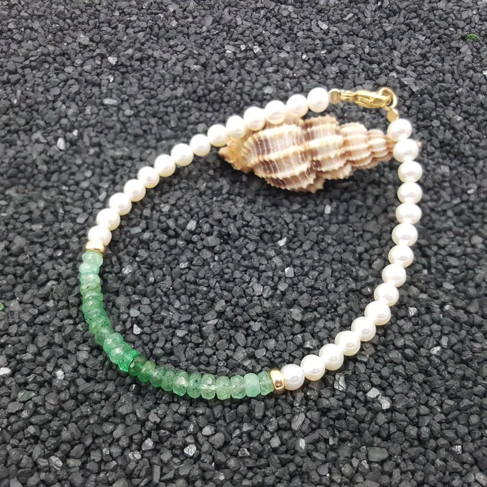 LiiJi Natural Emerald Freshwater Pearl Beads 925 Sterling Silver Gold Color/Goldfilled  Bracelet Nice Gift for Women