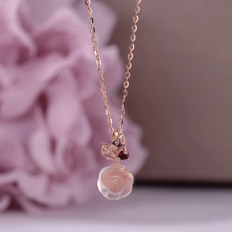 

Fine Jewelry 925 Silver Necklace Pendent For Women Rose Quartz 100% Natural Gemstone Rose Flower Chain Elegant Colar CCNI025