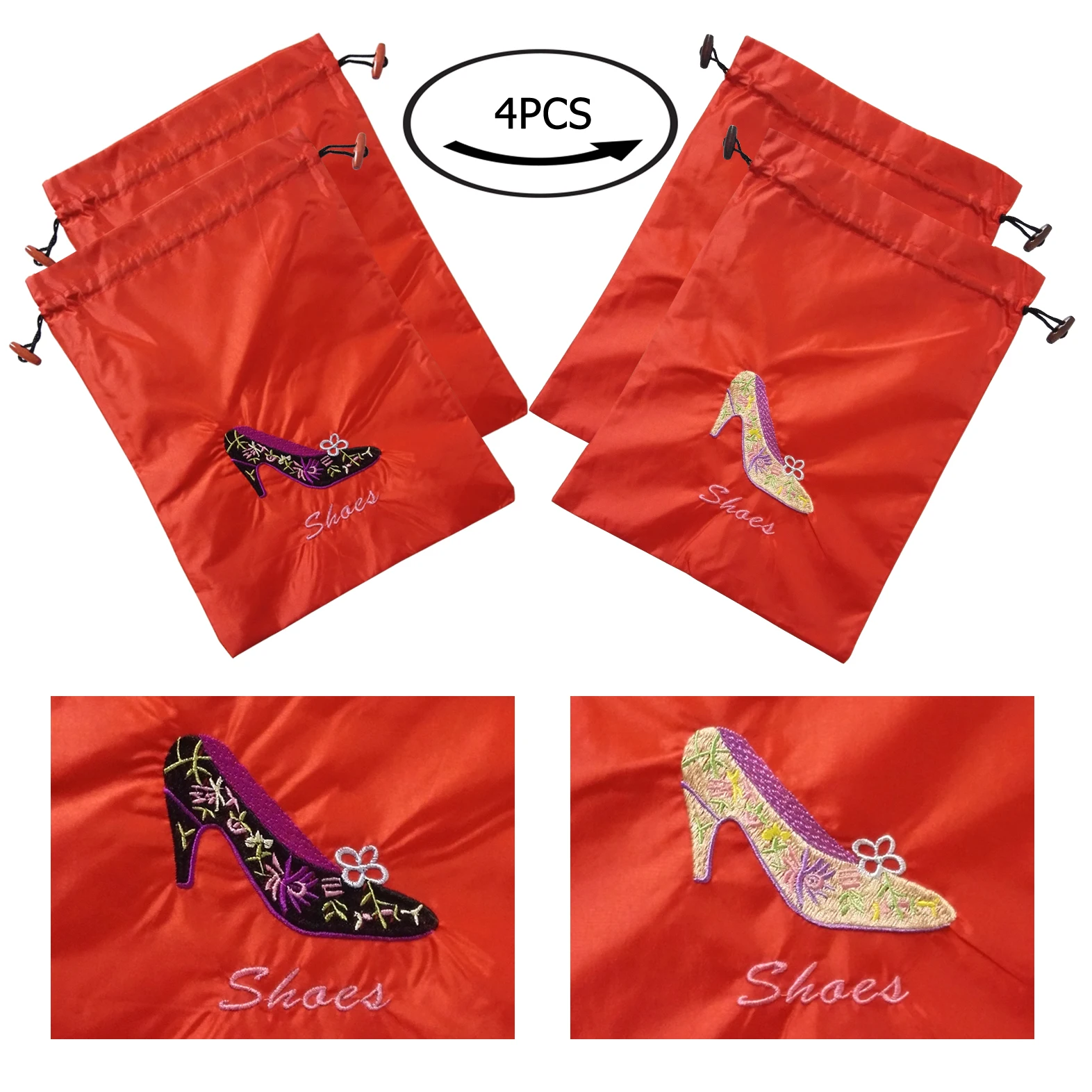 

One Pack (4 Pieces) 10.5" x 14" (L x W) Embroidered Silk Jacquard Travel Lingerie and Shoes Bags with Drawstring Closure SHB-4RE