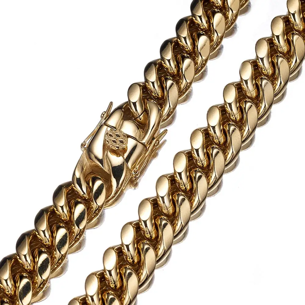 

Hip Hop 14mm Wide Men Cuban Miami Chain Necklace Stainless steel Dragon Clasp Gold Color casting Chain Necklace Or Bracelet