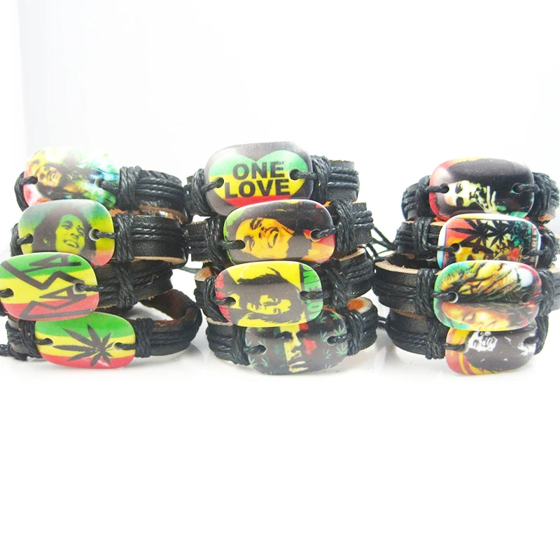 Brand New jewelry 12PCs different mixed black men\'s and women\'s Bob Marley Jamaica Reggae Rasta Leather Cuff Bracelets gifts