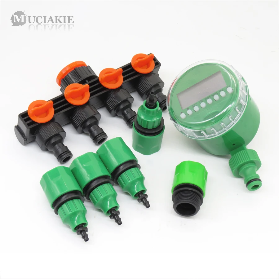 

MUCIAKIE 1 SET (7PCS) Home Garden Water Timer with 4 Way Water Hose Splitter Quick Connector 3/4 Screw Thread Interface