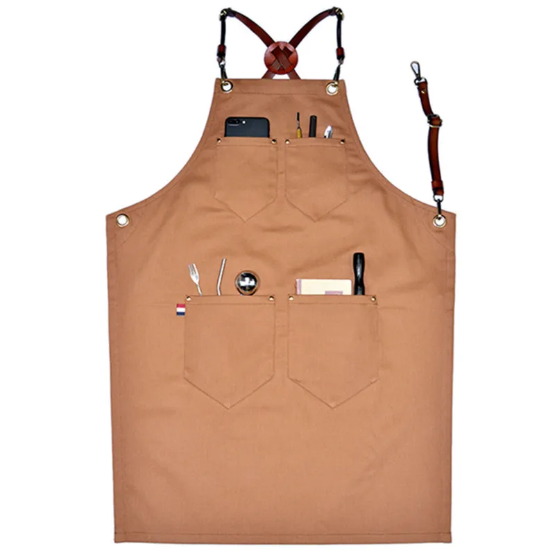 Cotton Apron Cowhide Leather Strap Waitstaff Barista Bartender Pastry Uniform Florist Hairdresser Barber Artist Work Wear K97