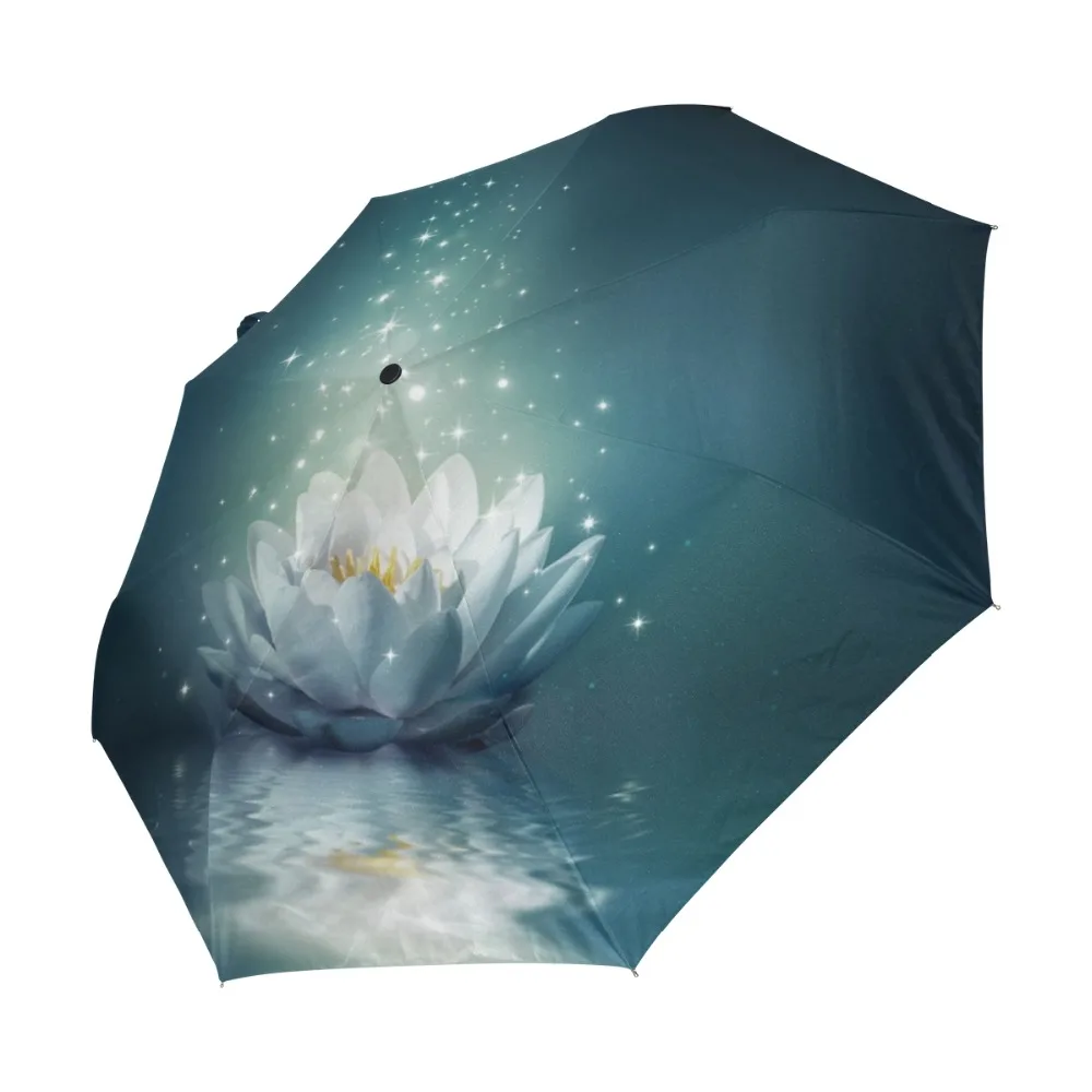 White Lotus in Water Printed Umbrella 3 Folding Exquisite Classic Umbrella Anti-UV Sun/Rain Durable Automatic Umbrella Parasol