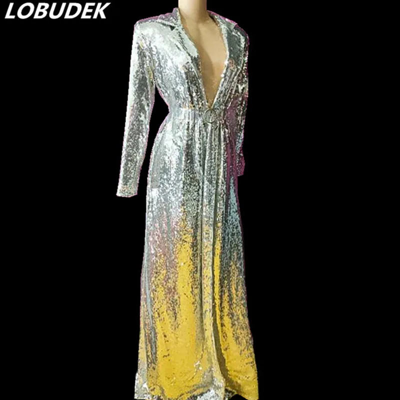 

Silver Sequins Long Coat Lengthen Cloak Sequined Overcoat Female Stage Costume Nightclub Singer Concert Performance Clothing